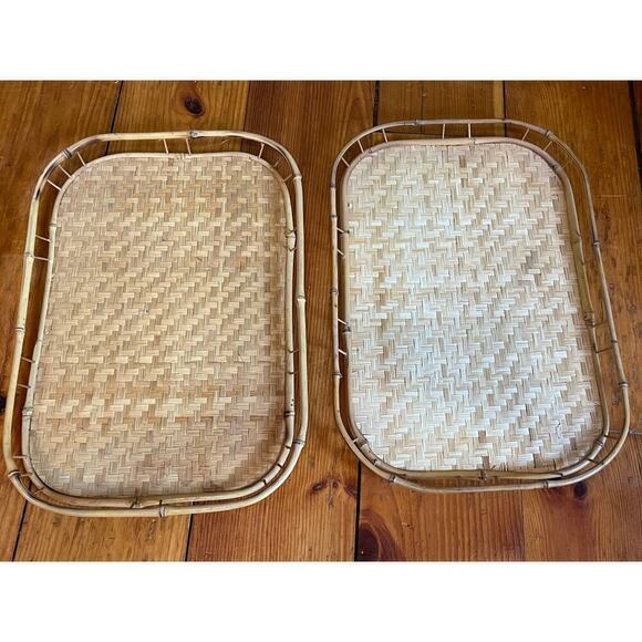 Vintage Lot of 2 Tiki Bar Bamboo/Rattan Buffet TV Trays. Serving/party 19"x 13" - Picture 3 of 5